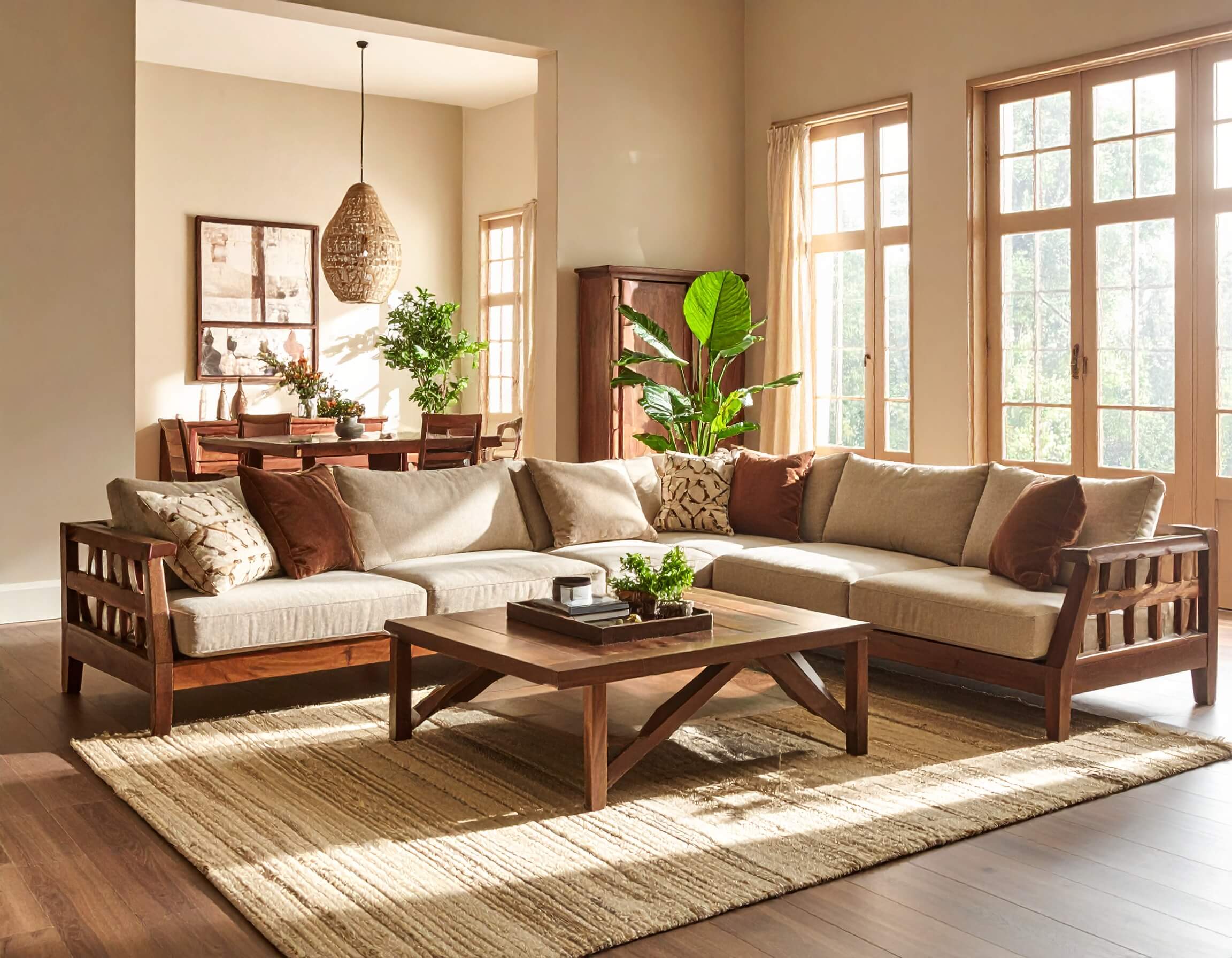 Solid wood sofa and dining set in a Pune home interior by Soulwood Ventures
