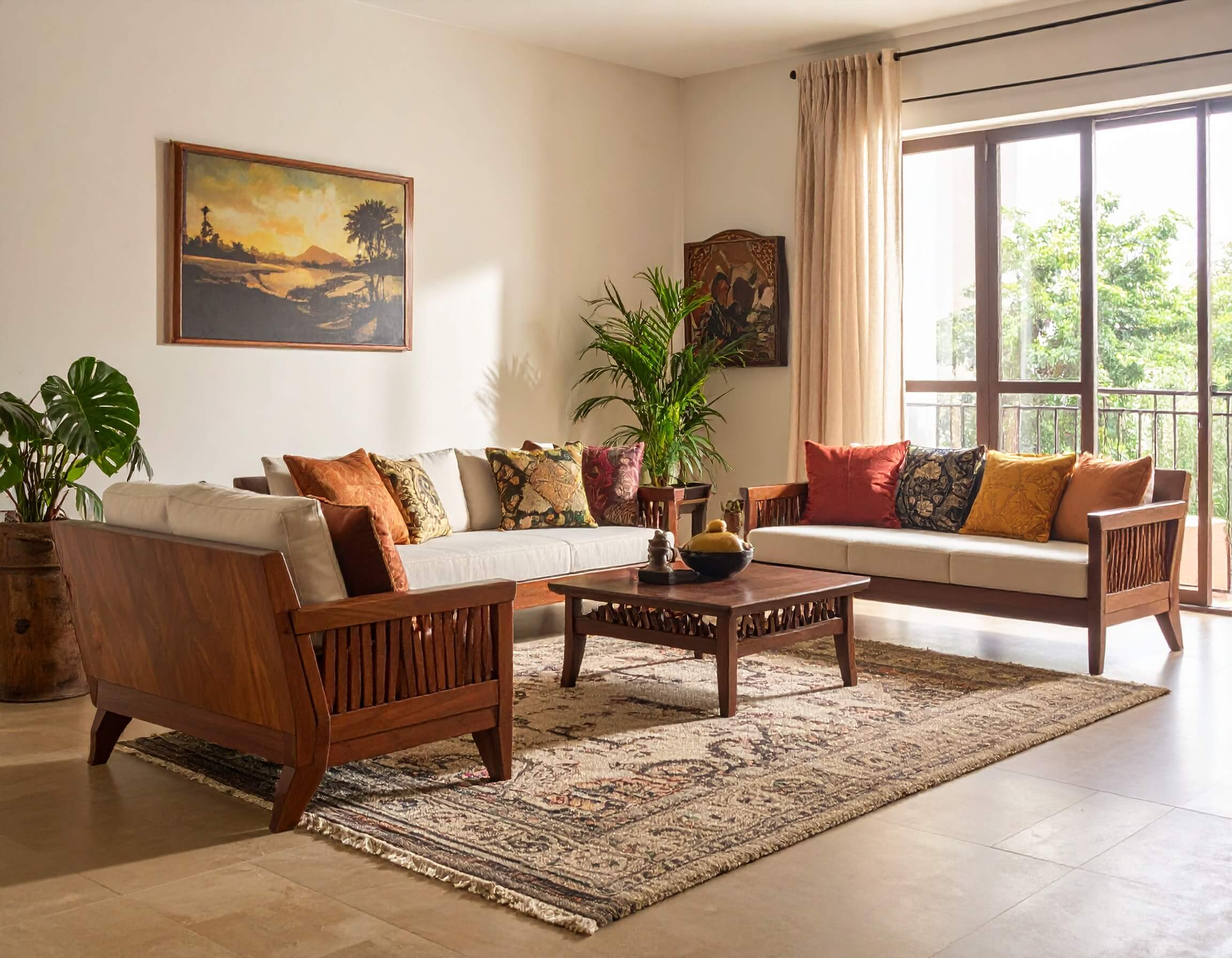 Living room in Pune with Soulwood Ventures’ solid wood sofa, Indian sittings, and center table.