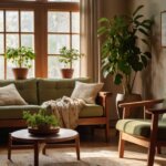 Peaceful living room with solid wood furniture designed to enhance mental well-being.