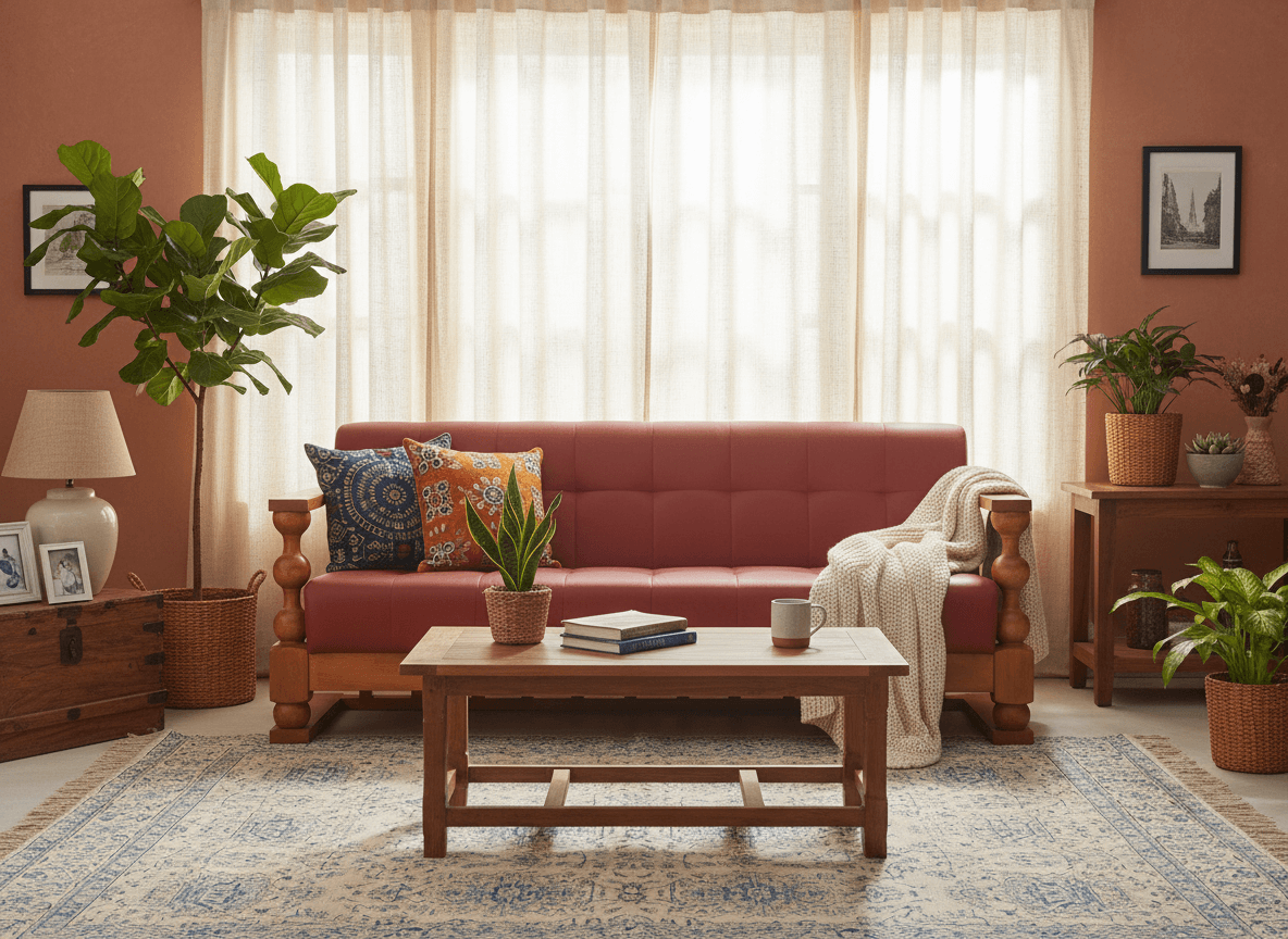 A warm Indian home interior with thoughtfully designed solid wood furniture creating comfort and everyday living harmony.