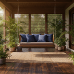 Wooden indoor swing with cushions on a covered veranda surrounded by tropical plants