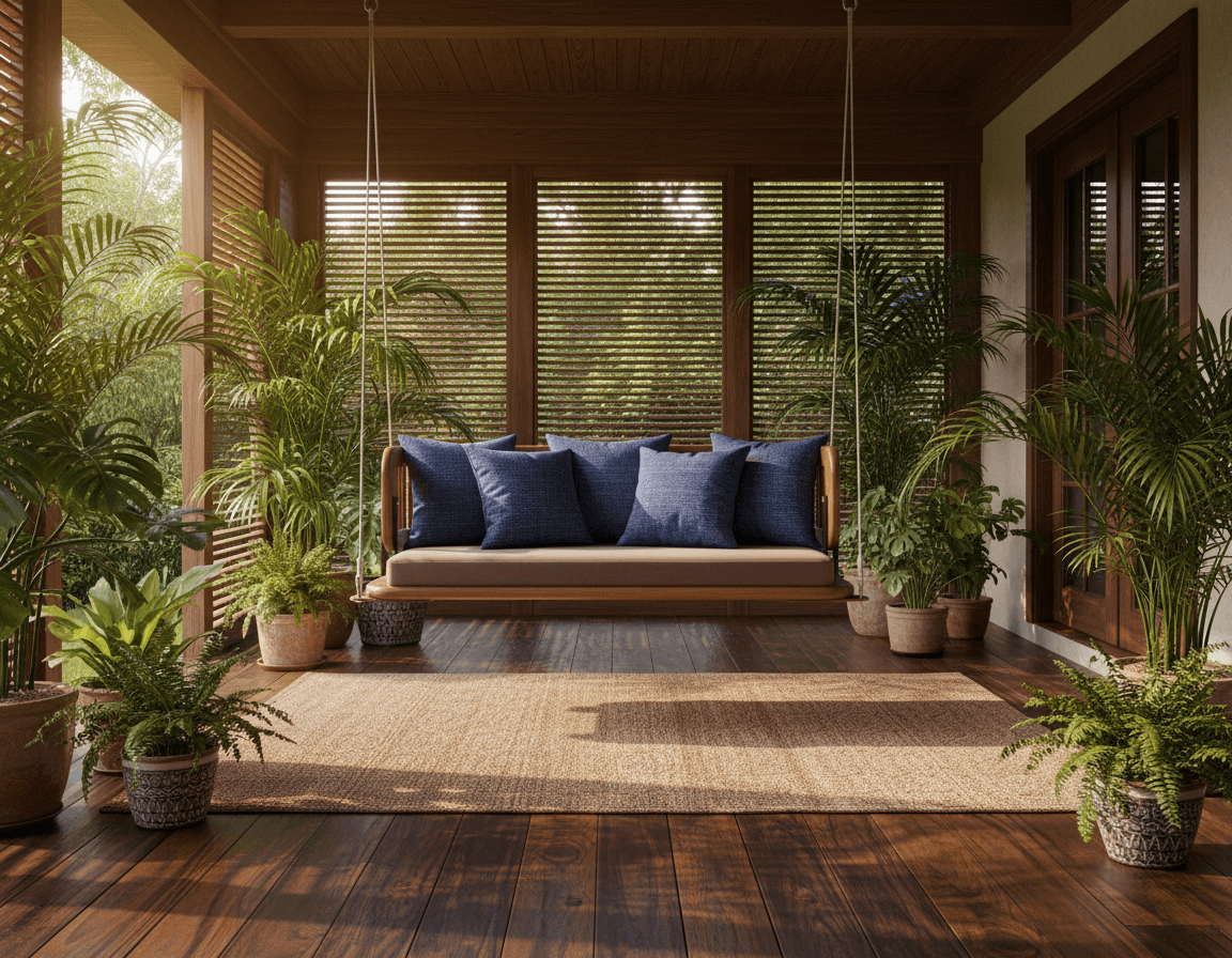 Wooden indoor swing with cushions on a covered veranda surrounded by tropical plants