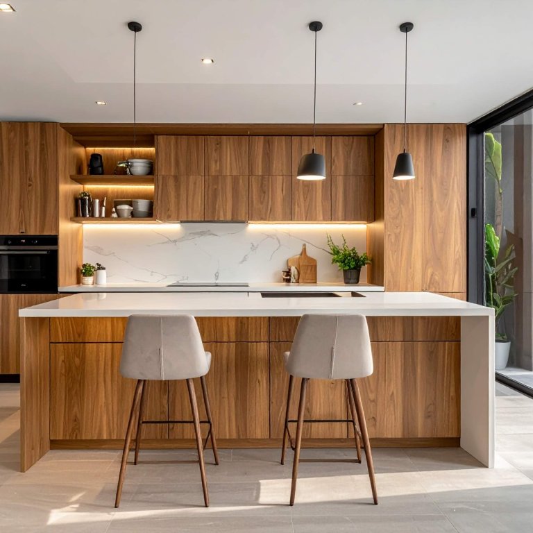 Firefly_An elegant, modern modular kitchen in an urban Pune apartment, designed with warm sol 874619