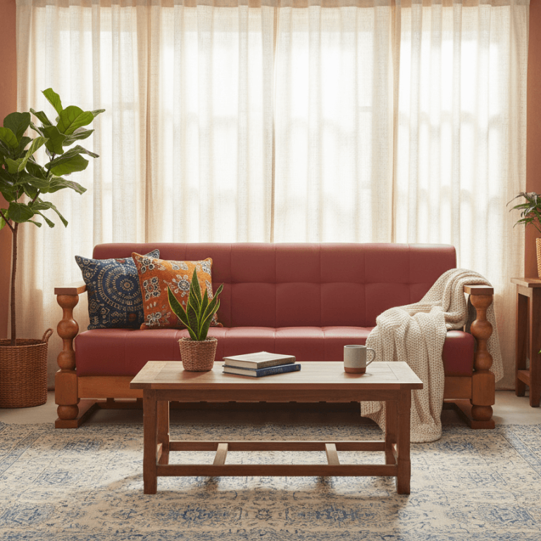 A warm Indian home interior with thoughtfully designed solid wood furniture creating comfort and everyday living harmony.