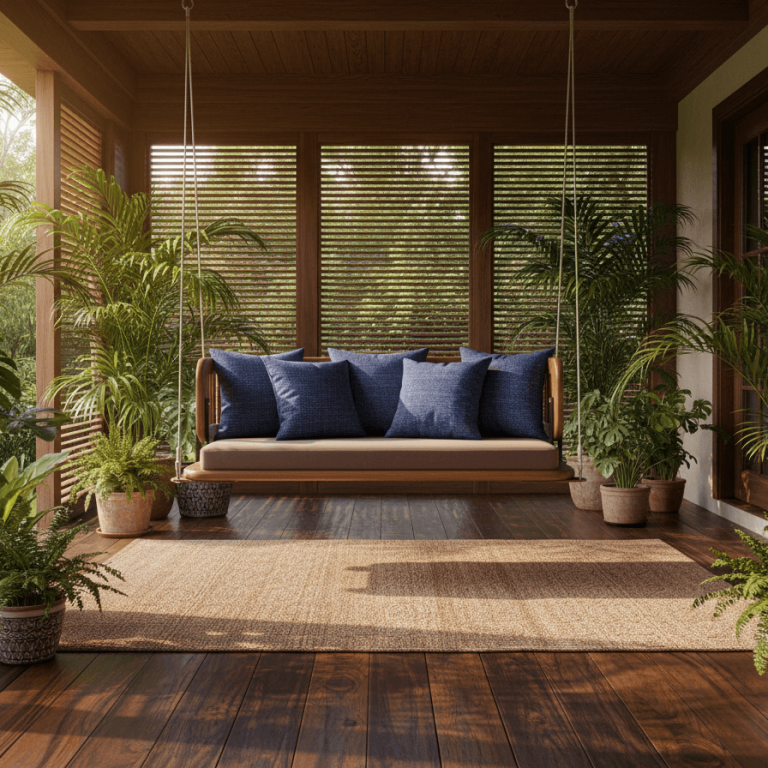 Wooden indoor swing with cushions on a covered veranda surrounded by tropical plants