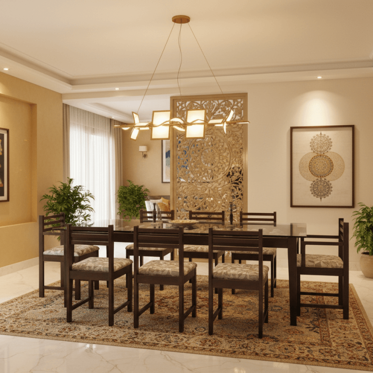 Firefly_GeminiFlash_Spacious dining room with a large dining table and eight dining chairs, family-style 116156